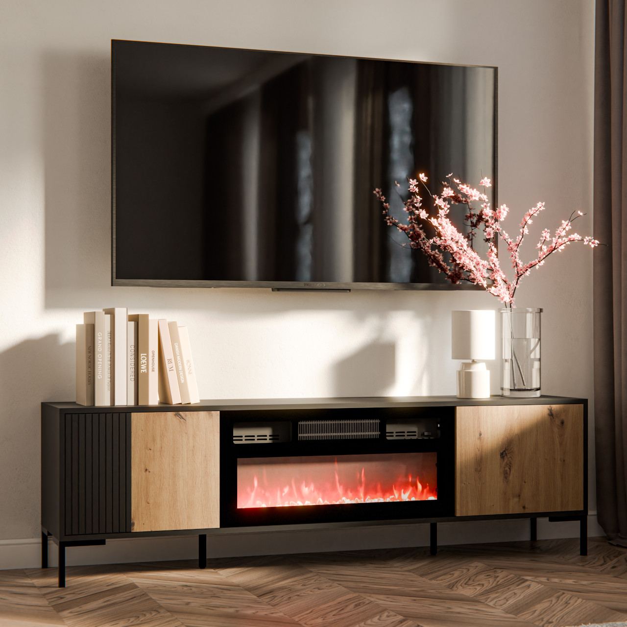 TV-Schrank mit Kamin CIMER 08 schwarz / Artisan Eiche
