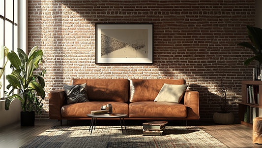 Wohnzimmer mit Backsteinelementen – welche Möbel passen dazu?